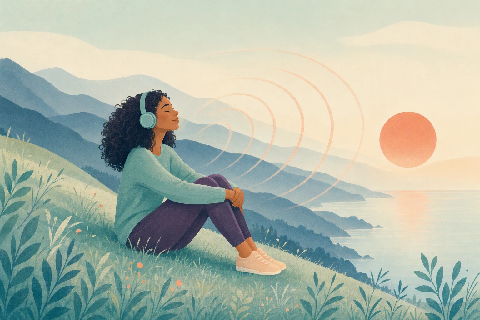 A person wearing headphones sits on a green hillside at sunrise, listening.