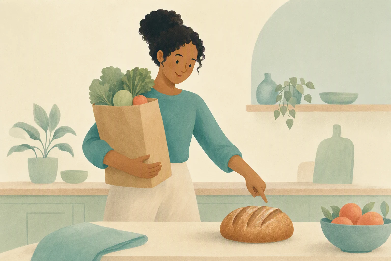 A person holding a grocery bag and pointing to fresh bread in a bright kitchen.