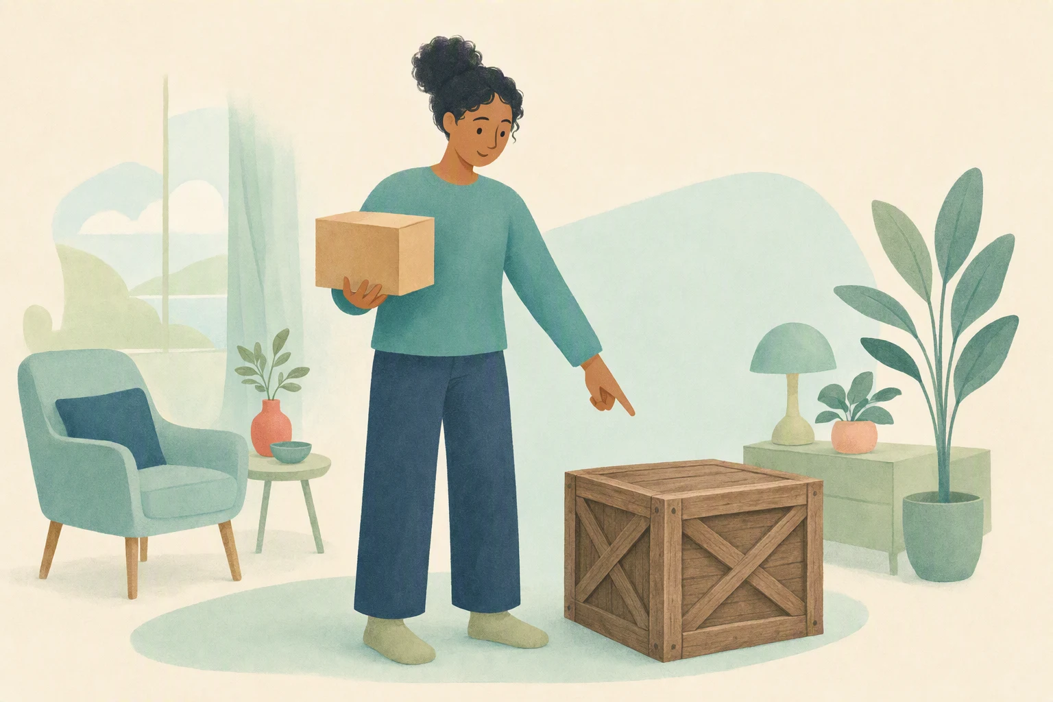 A person holding a light cardboard box and pointing down at a heavy wooden crate.