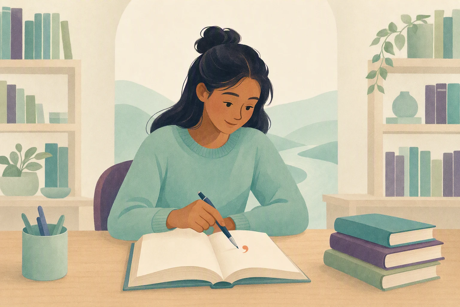 A student in a bright library points at a punctuation mark in an open notebook.