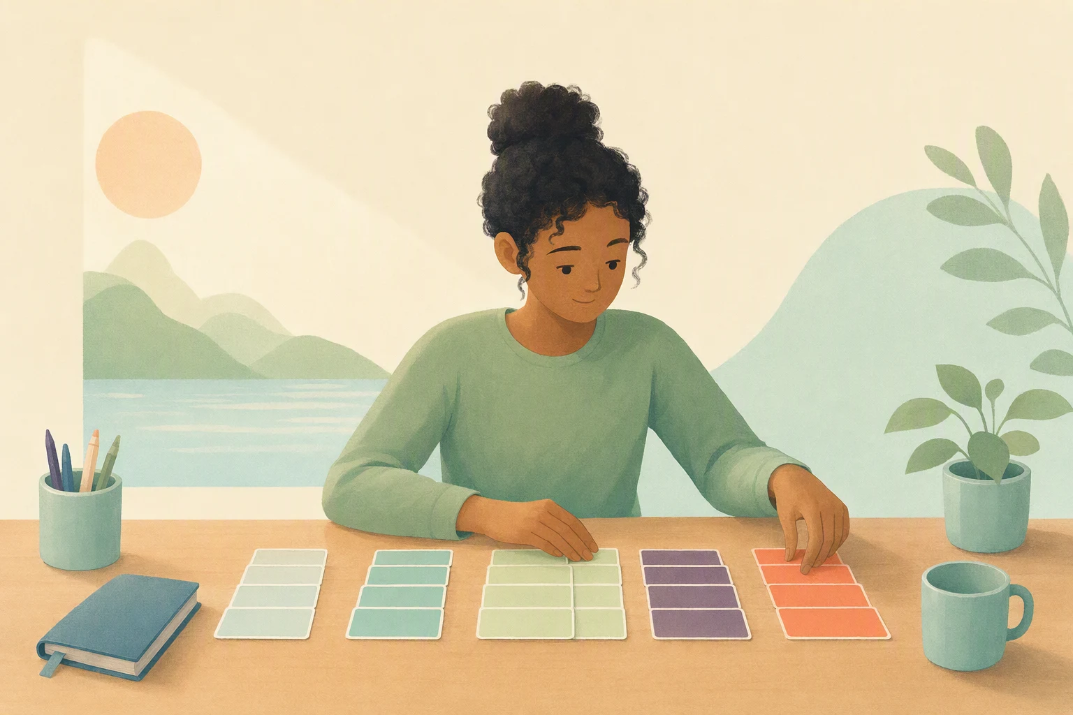 A learner arranges small grammar cards in neat rows at a wooden table.