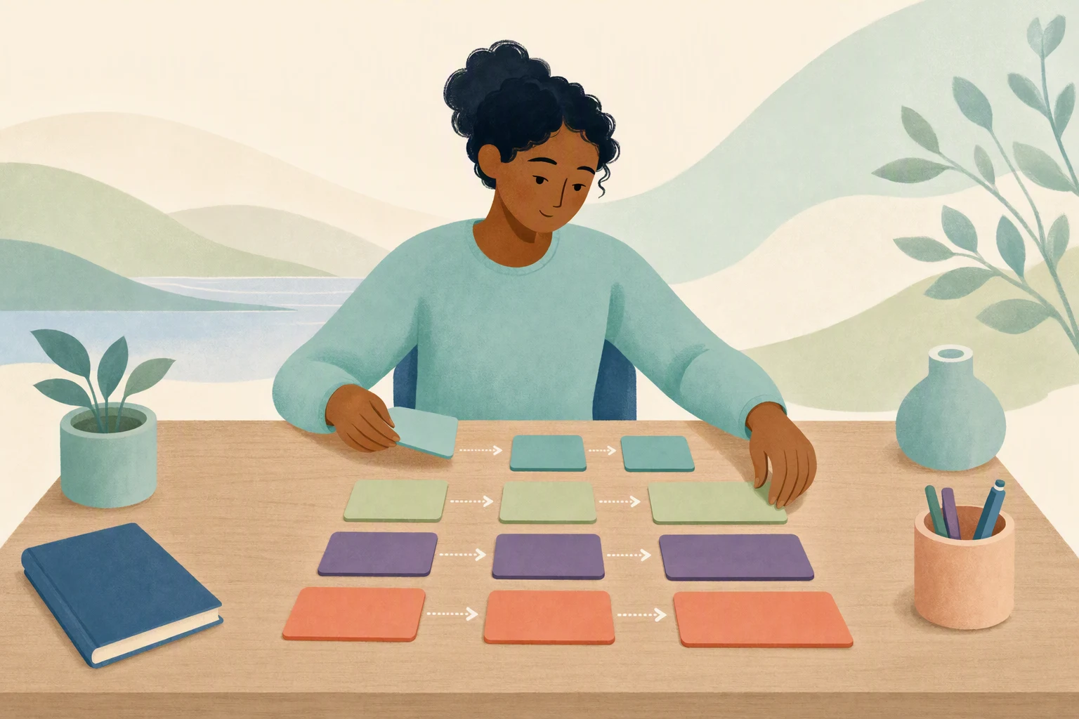 A learner at a tidy desk sorting study cards with verb forms.