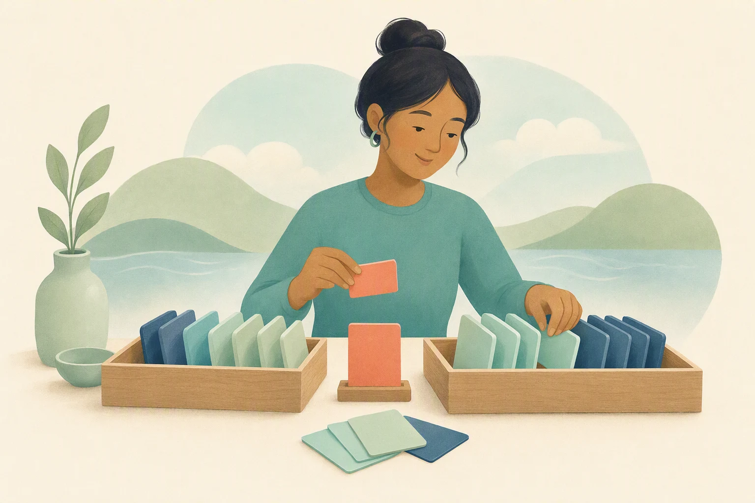A learner sorts name cards into trays before and after a verb card.