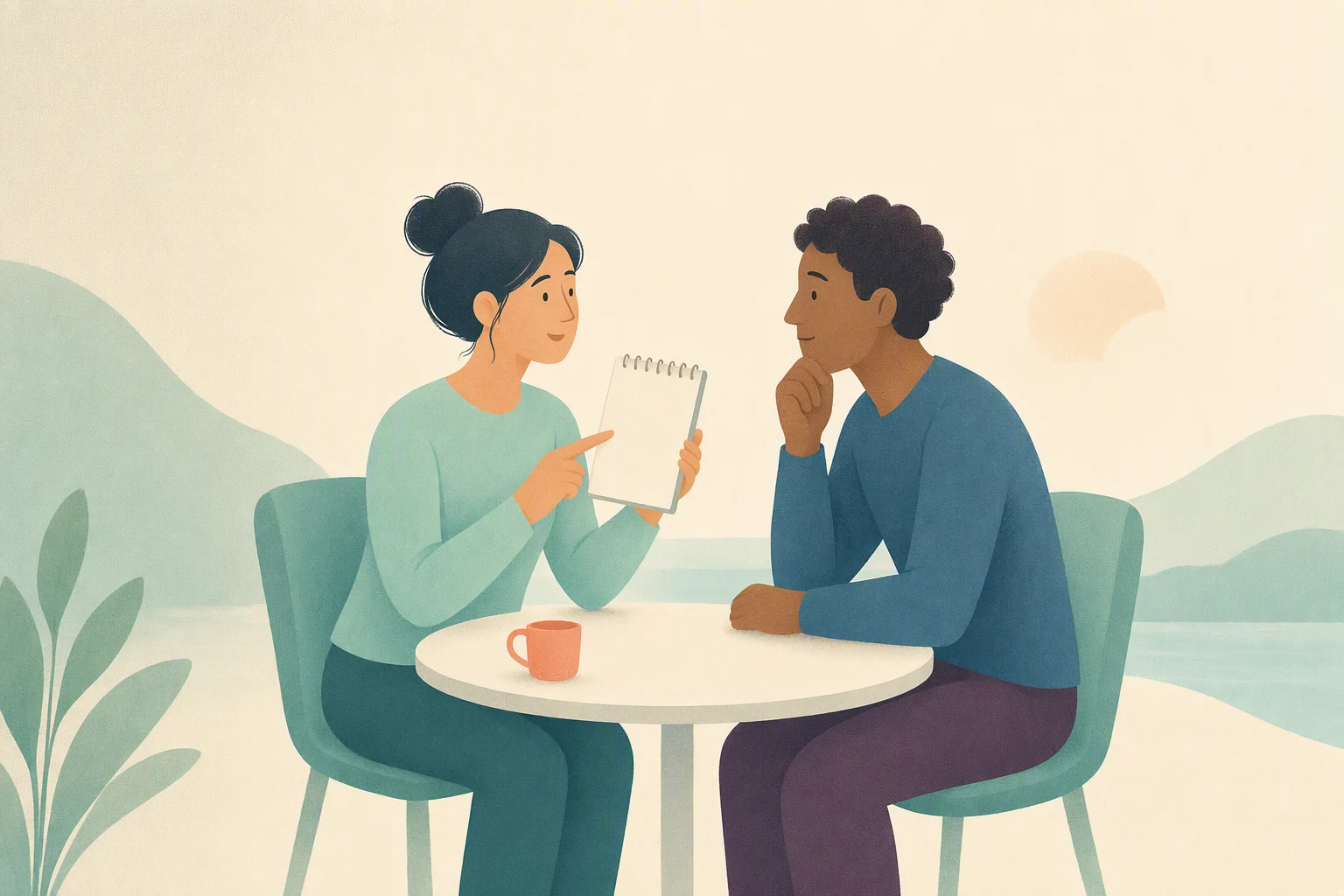 One person holds a notepad and talks with a colleague at a table.