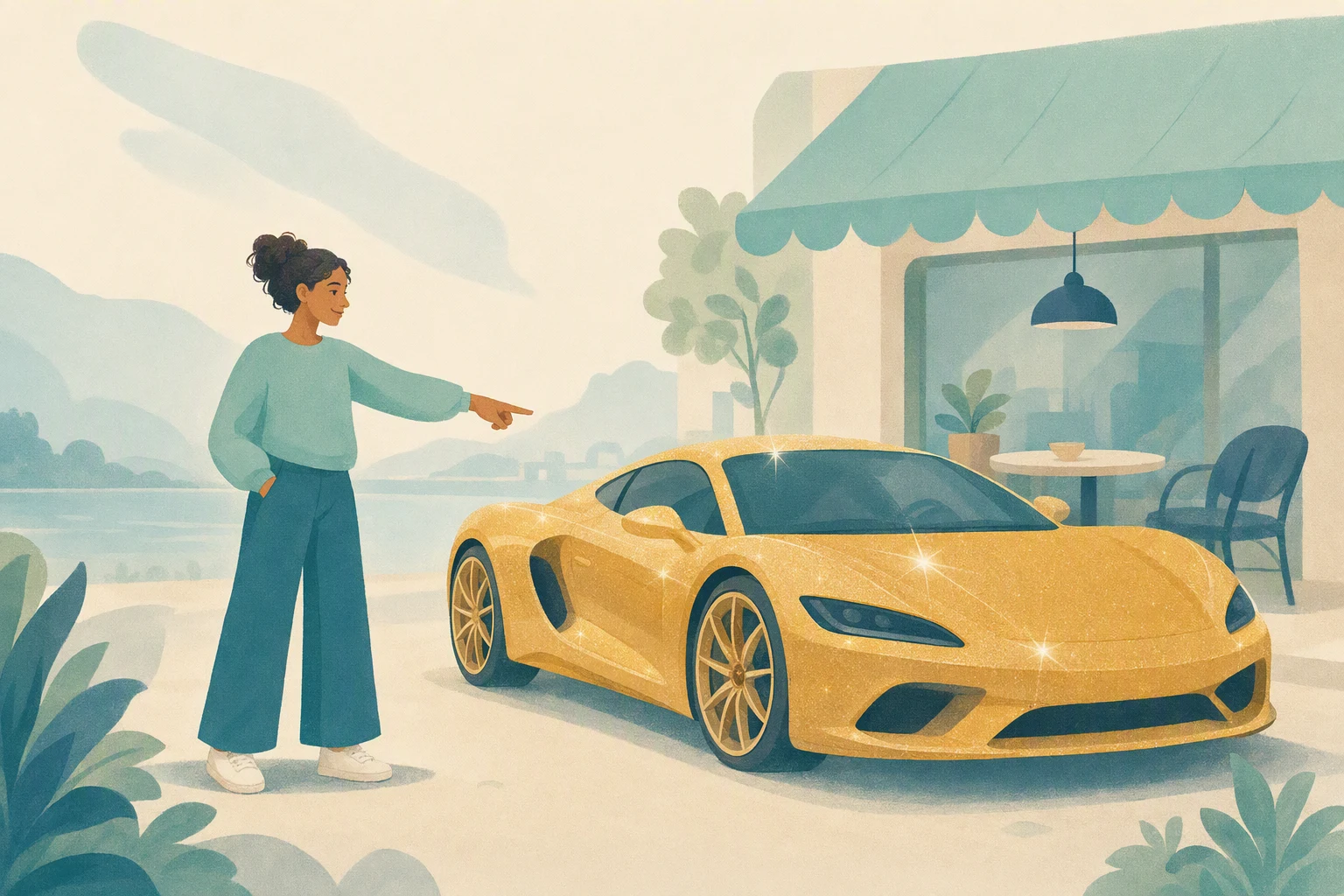 A person in simple clothes pointing at a shiny gold sports car parked outside a cafe.