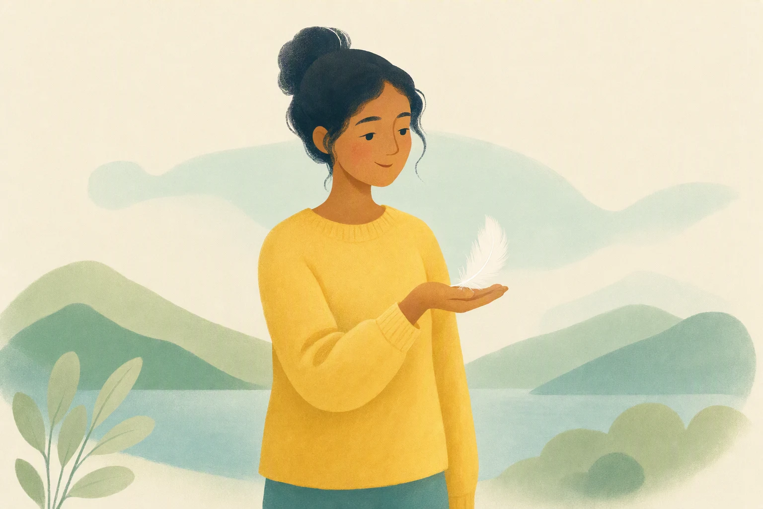 A person in a yellow sweater holds a light white feather in their hand.