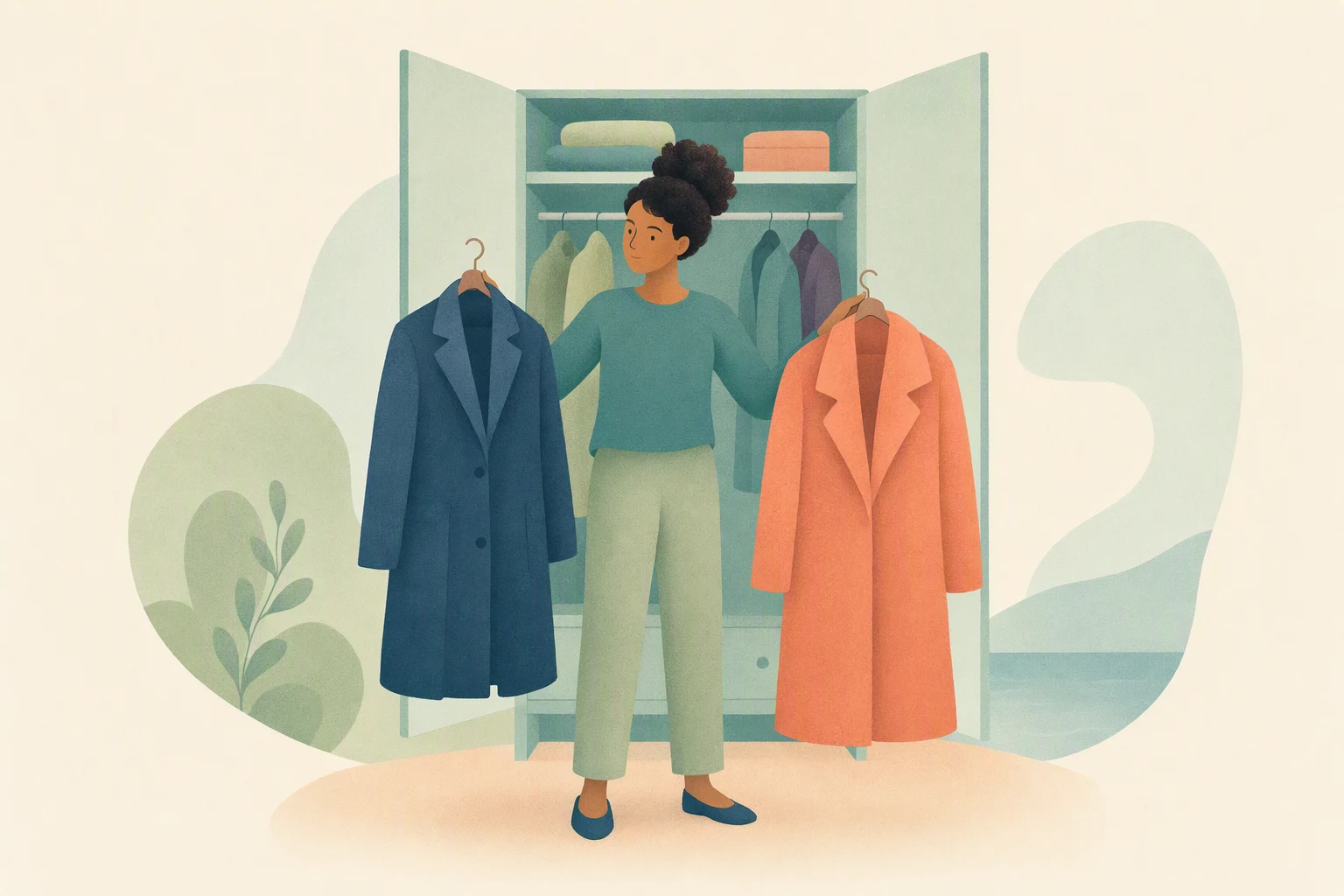 A person in front of an open wardrobe holding two coats.