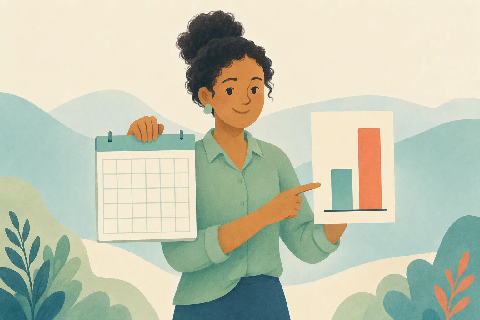 A person points at a calendar and a chart to compare time and amounts.
