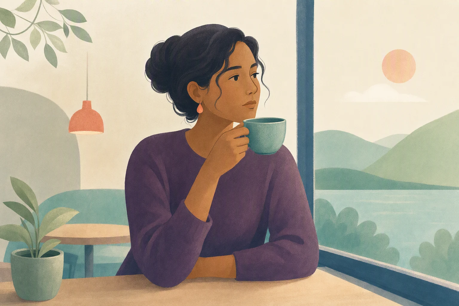 A woman holds a cup by a cafe window, looking thoughtful.