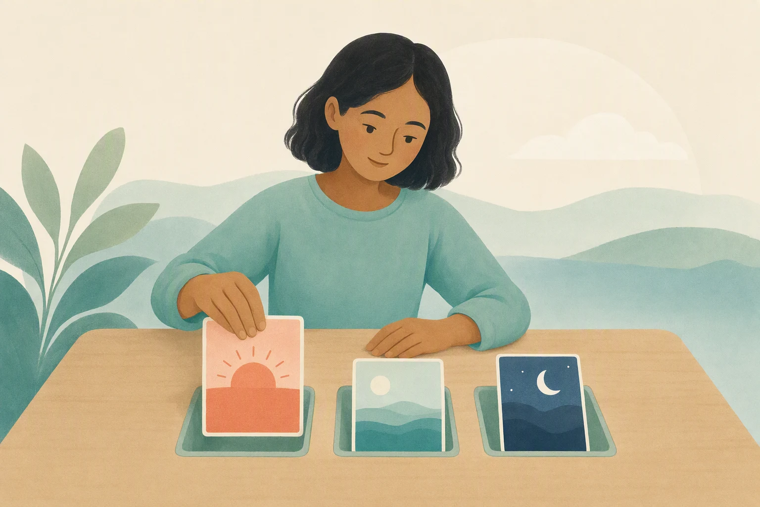 A person sorting three illustrated cards into slots on a wooden desk.