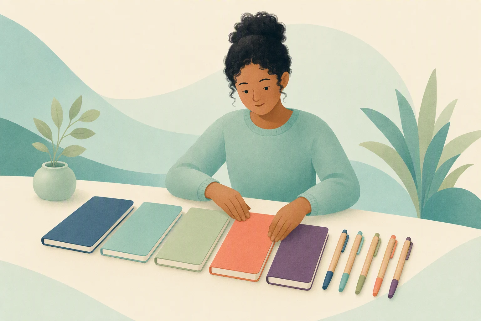 A person arranges colorful notebooks and wooden pens on a tidy desk.
