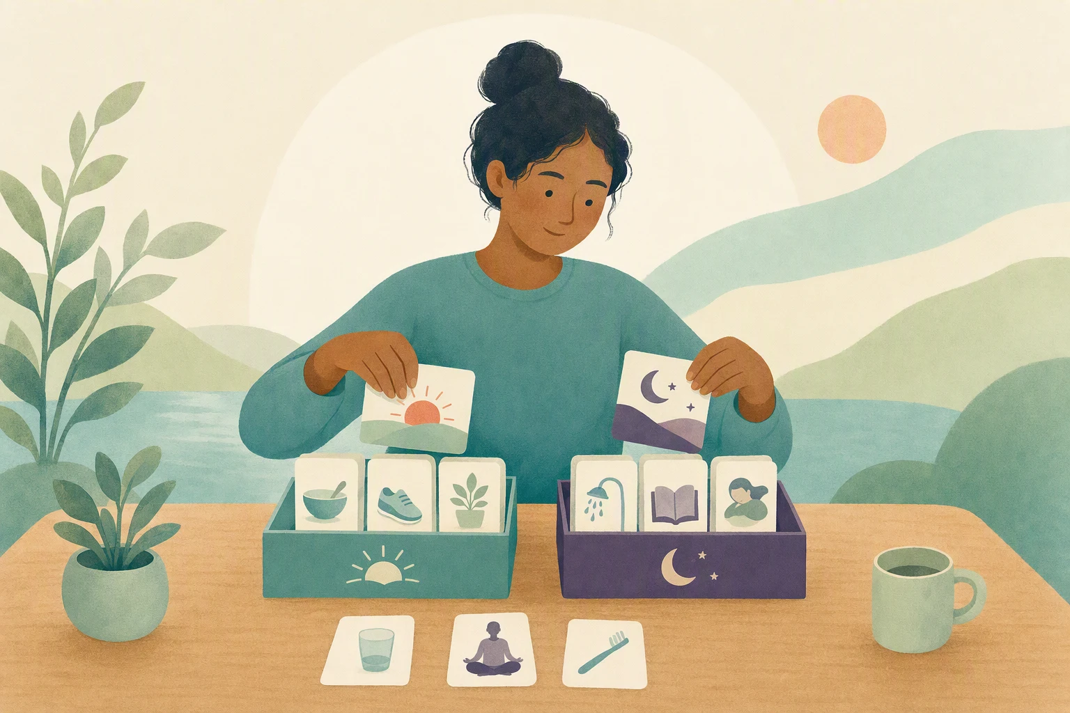 A person organizing daily routine cards into morning and evening trays on a desk.