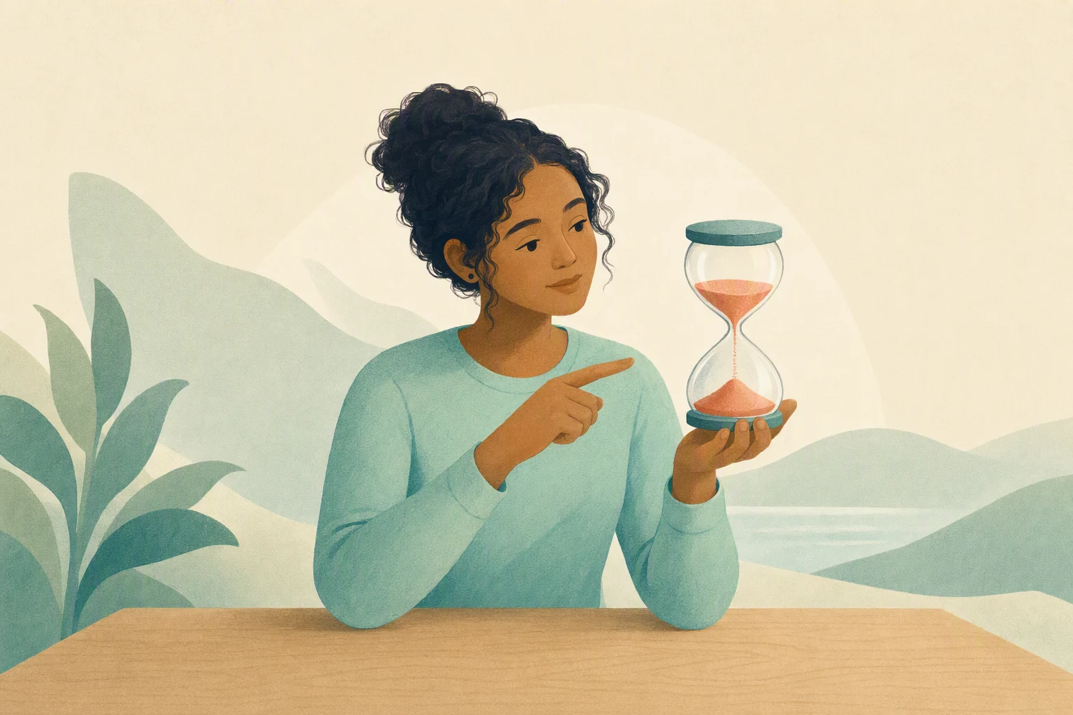 A person sitting at a wooden desk holding an hourglass.
