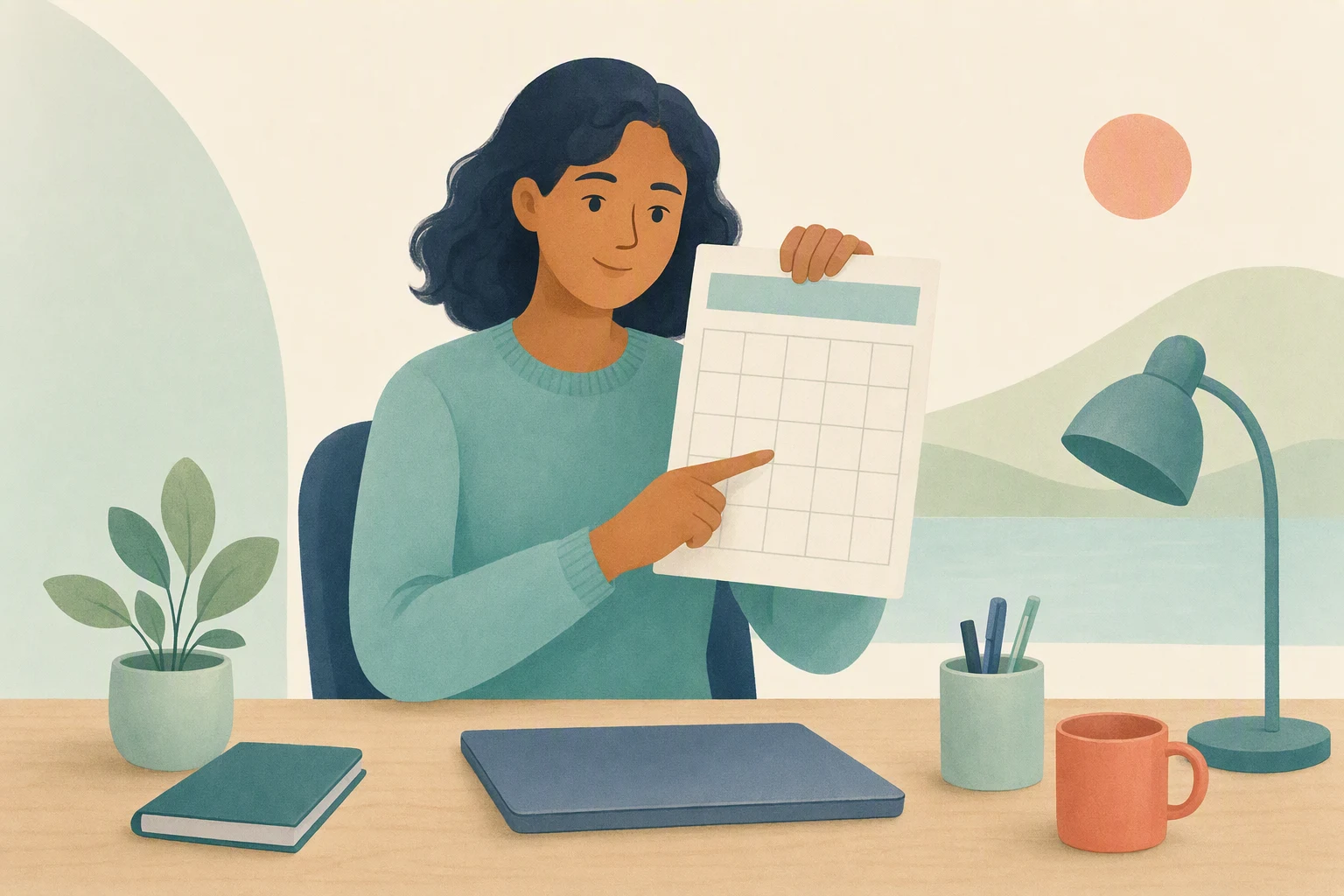 A person at an office desk points to an empty date on a project calendar.