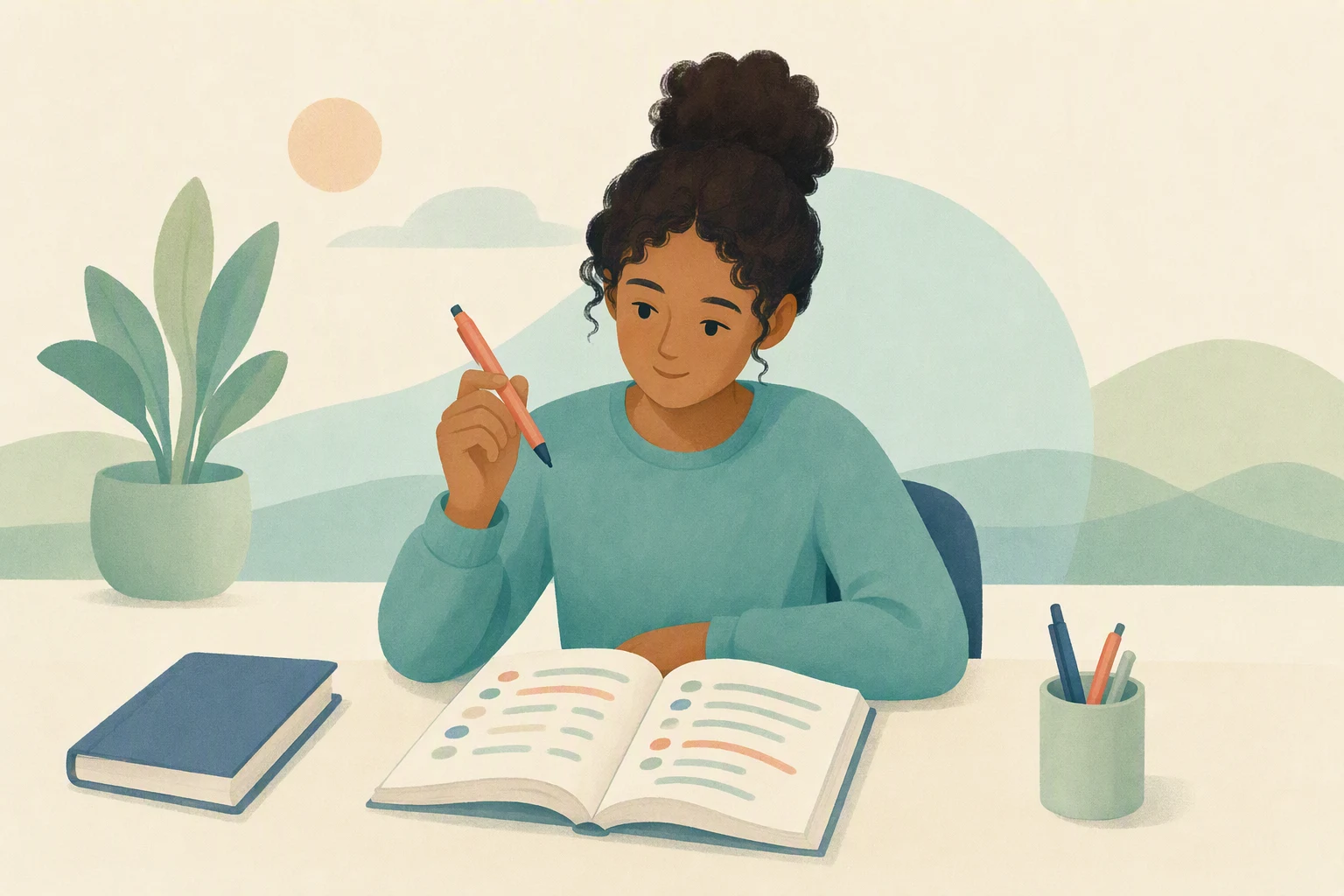 A person sitting at a clean study desk holding a pen over a workbook.