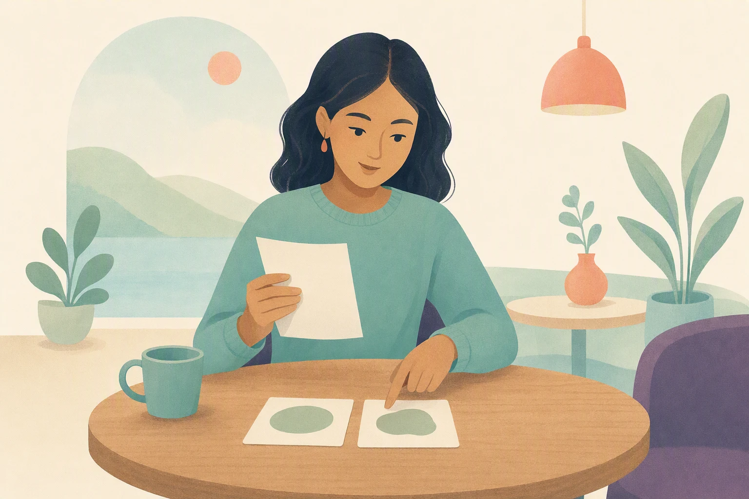 A learner compares two matched word cards at a cafe table.