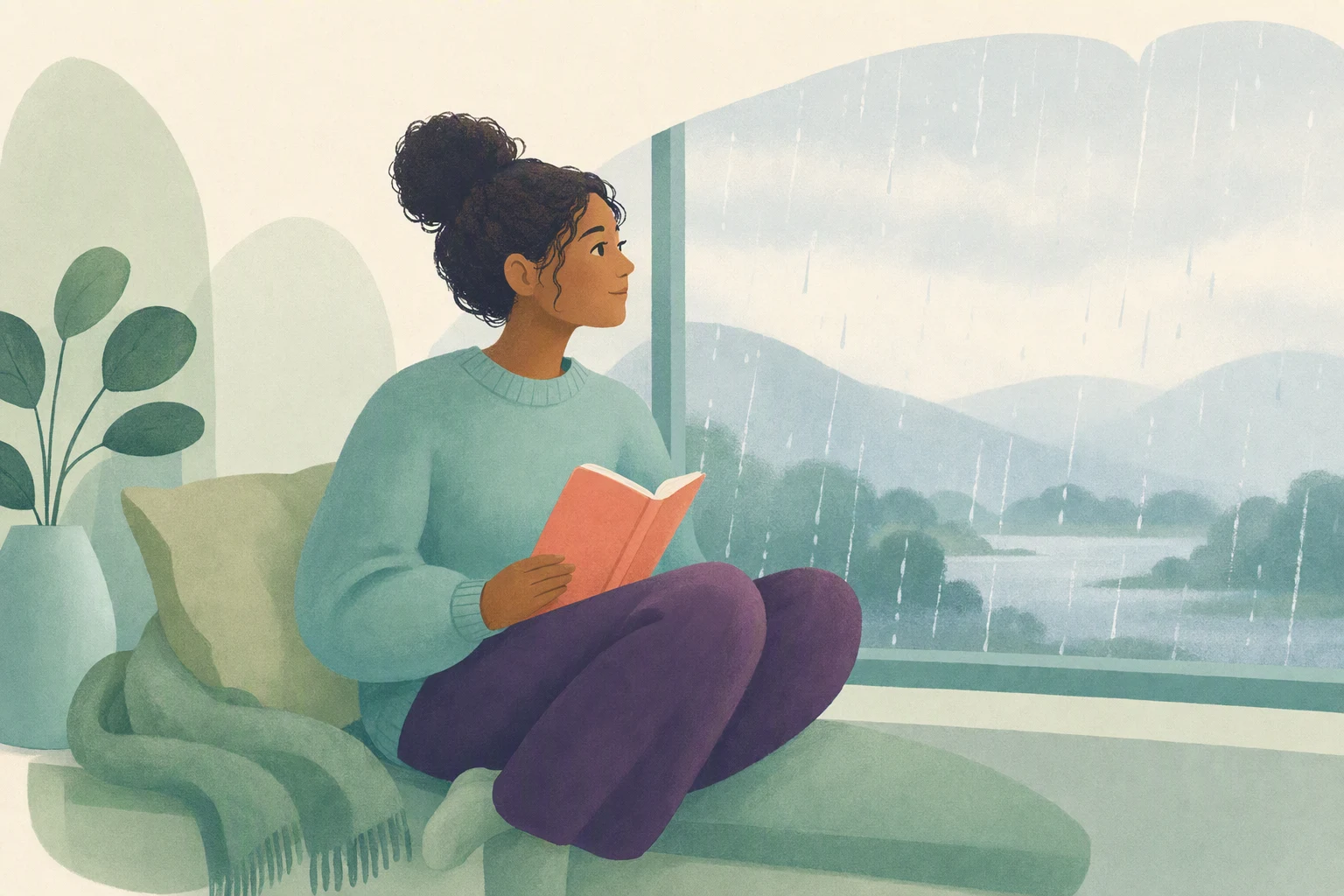 A person holding a book near a rainy window with a thoughtful expression.