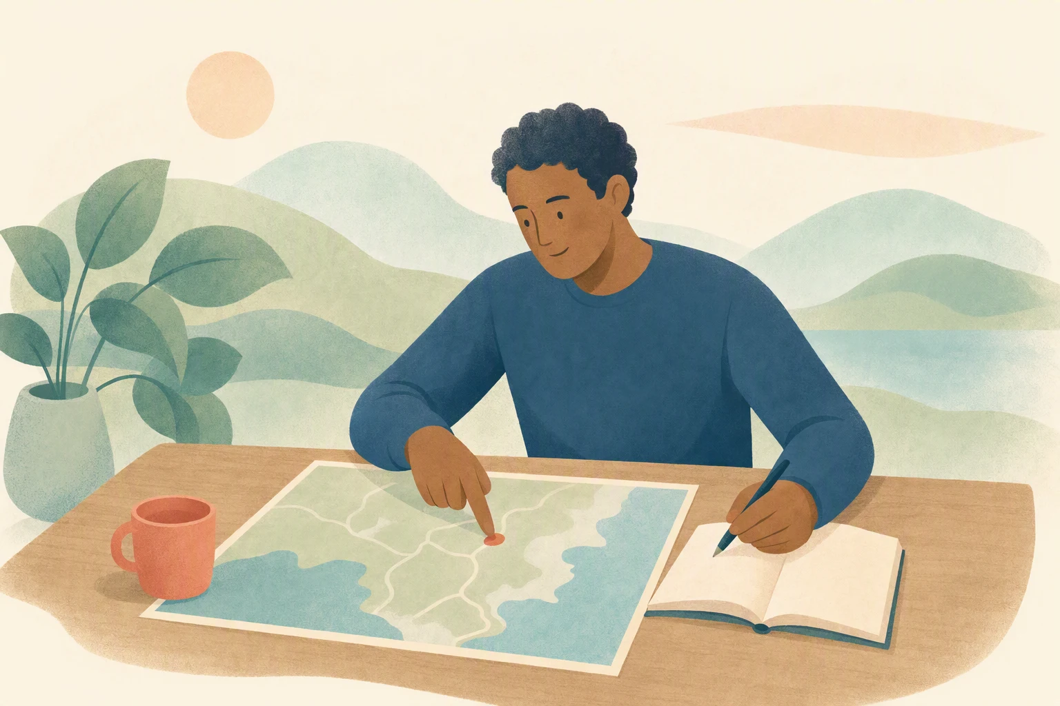 A learner points to a place on a map and writes a note.