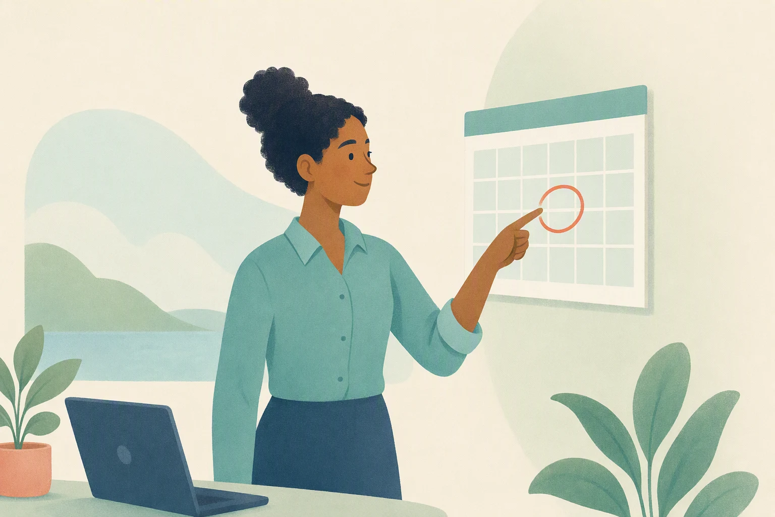 An office worker points to a circled date on a wall calendar.