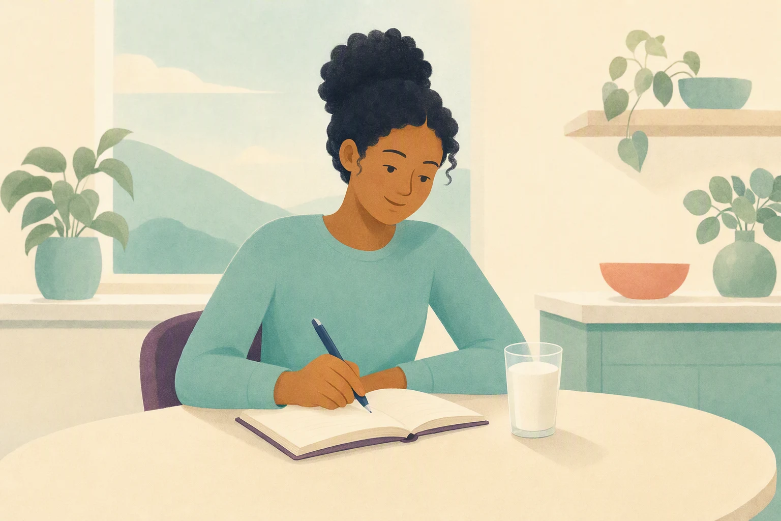 A person at a kitchen table with an open notebook and a glass of milk.