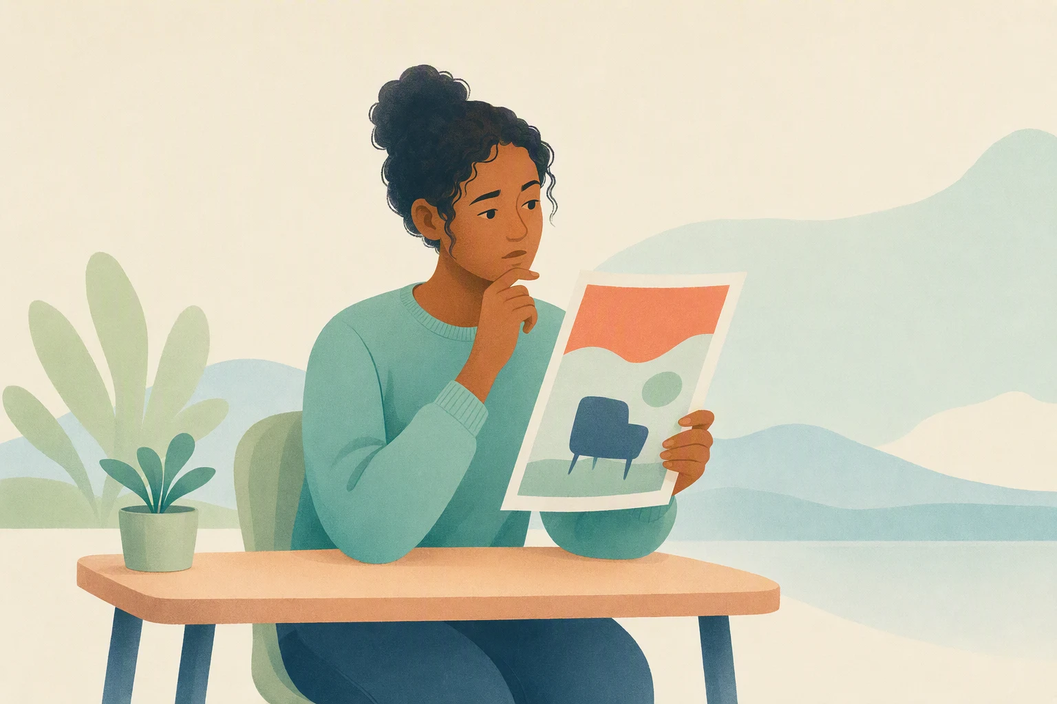 A person at a desk holding an advertisement with a questioning expression.