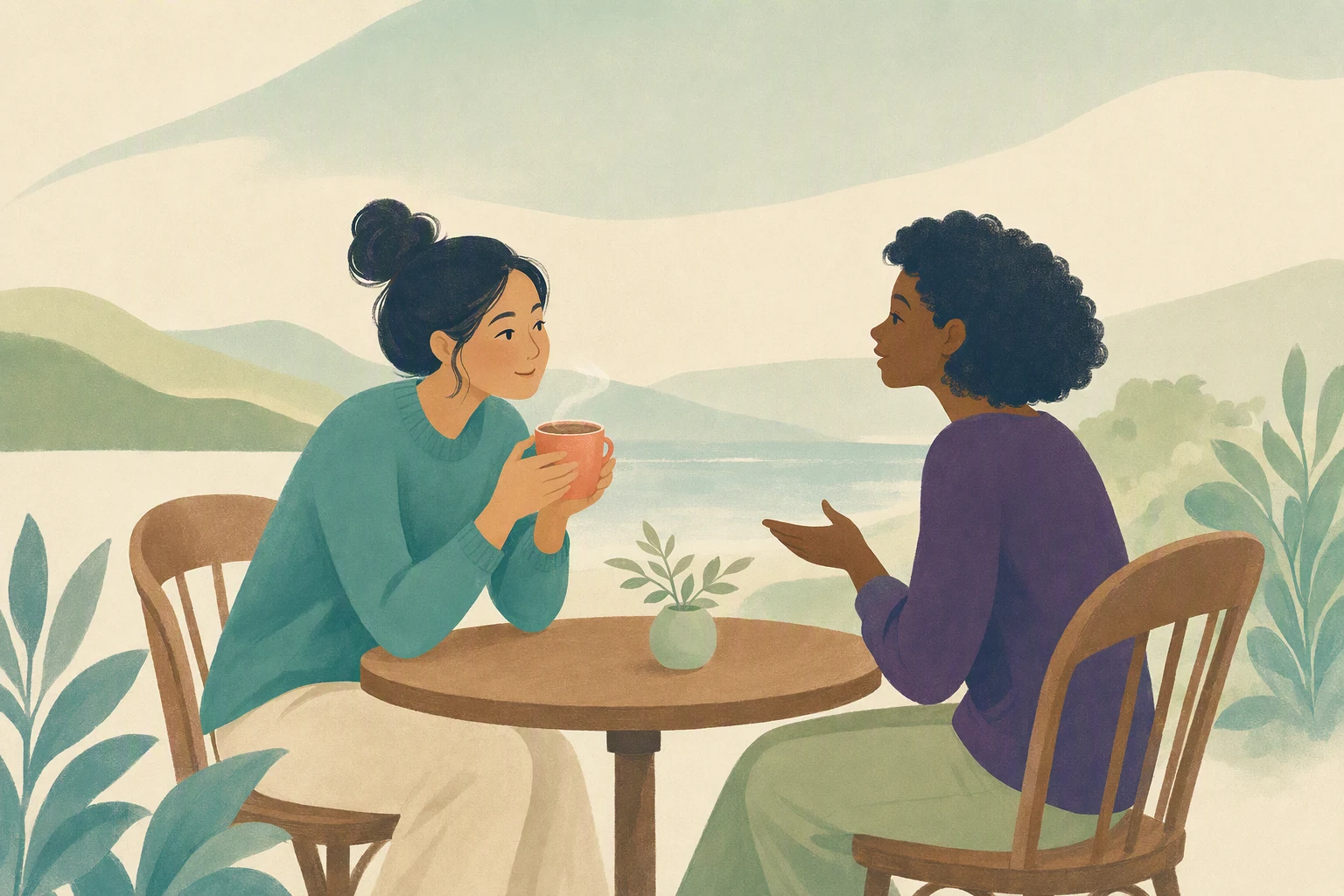 A person sitting at a cafe table, holding a warm mug and listening to a friend.