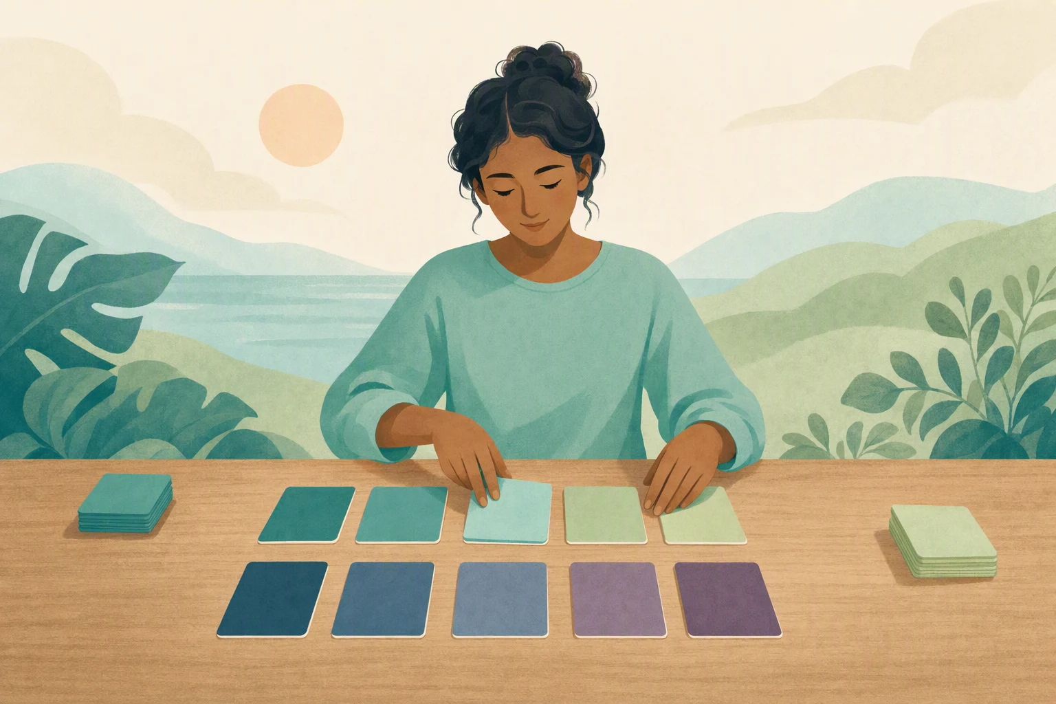 A person sorts colored index cards into neat rows on a wooden work table.