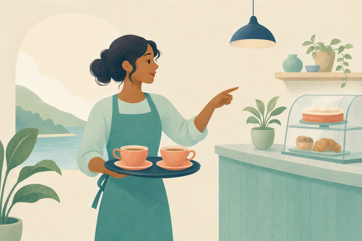 A person holds a tray with two tea cups and points toward a cafe counter.