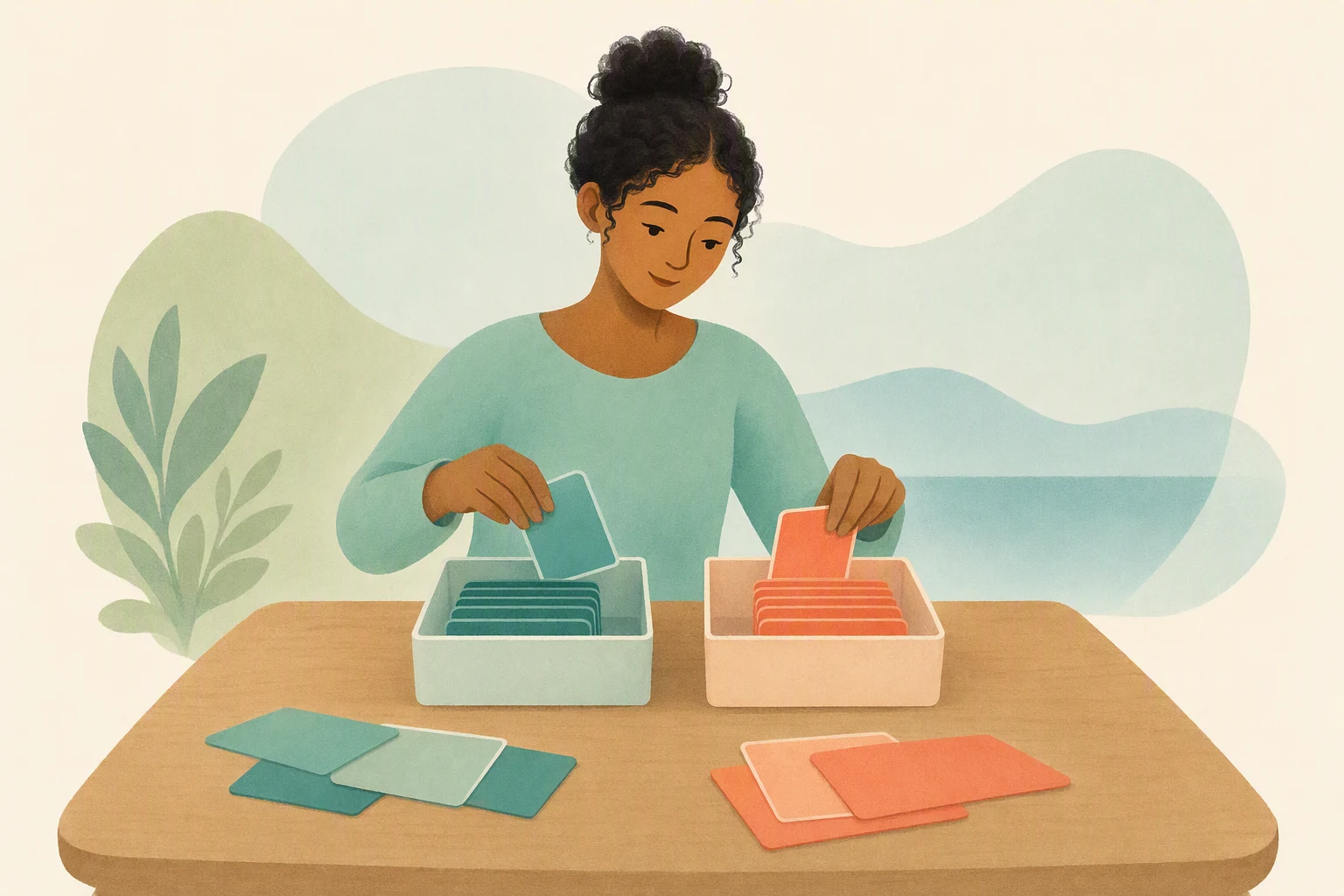 A person sorting cards into two neat boxes at a tidy desk.
