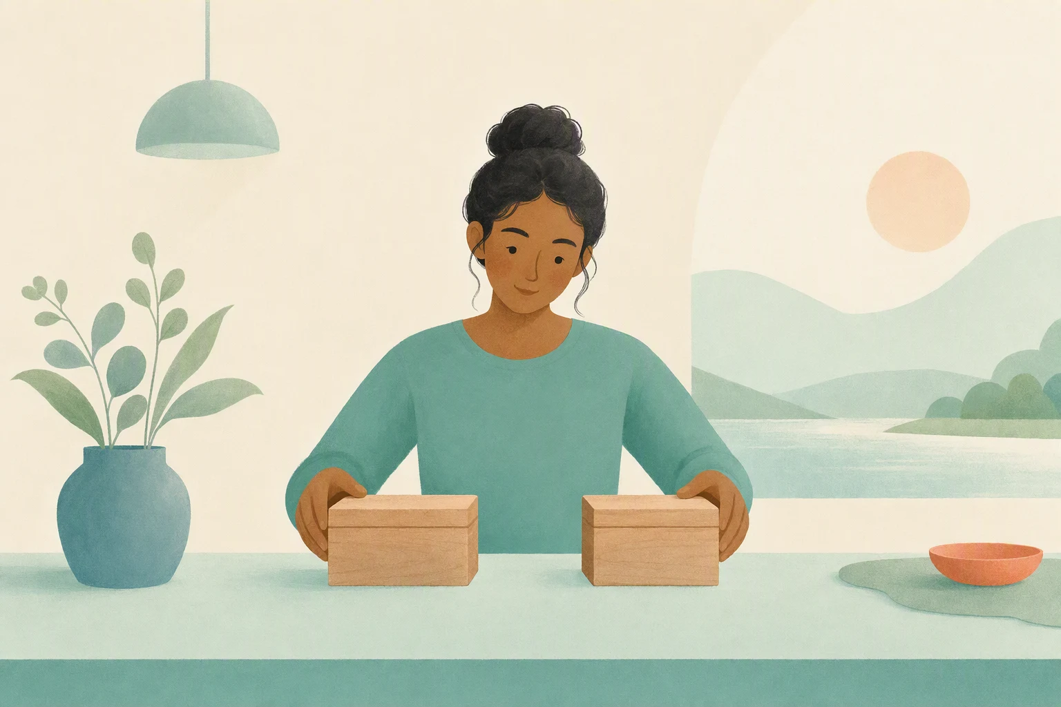 A person sets two small boxes side by side on a desk.