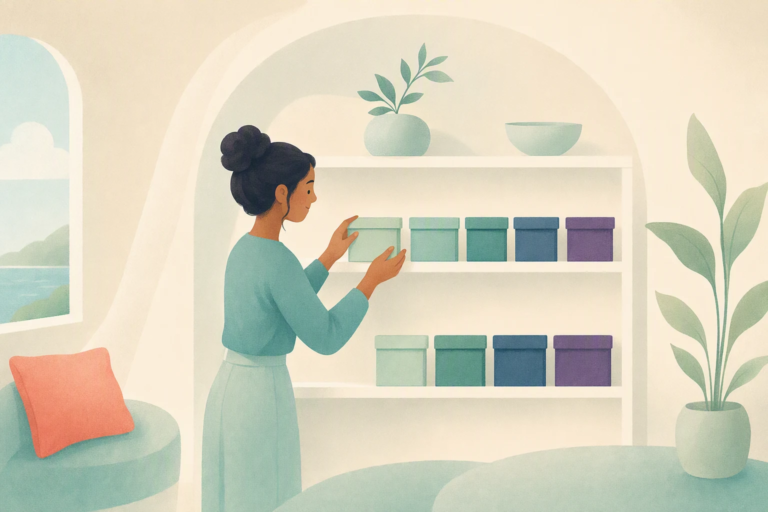 A person placing neatly arranged boxes in order on a shelf.