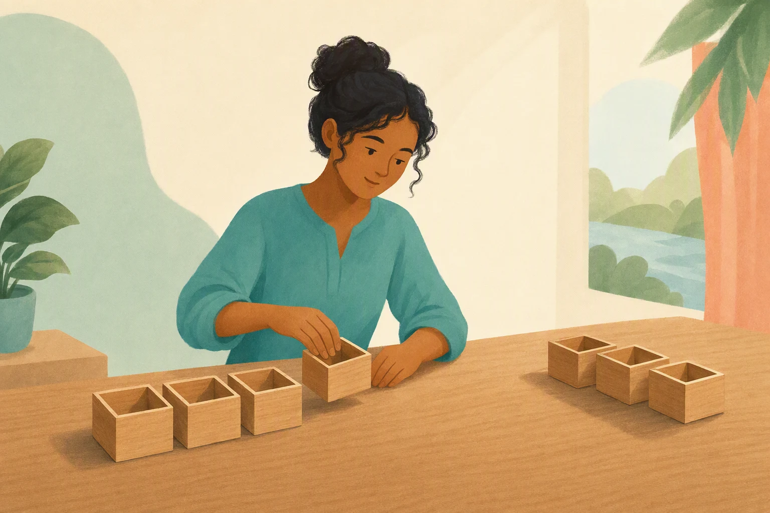 A person sorts small wooden boxes on a desk.