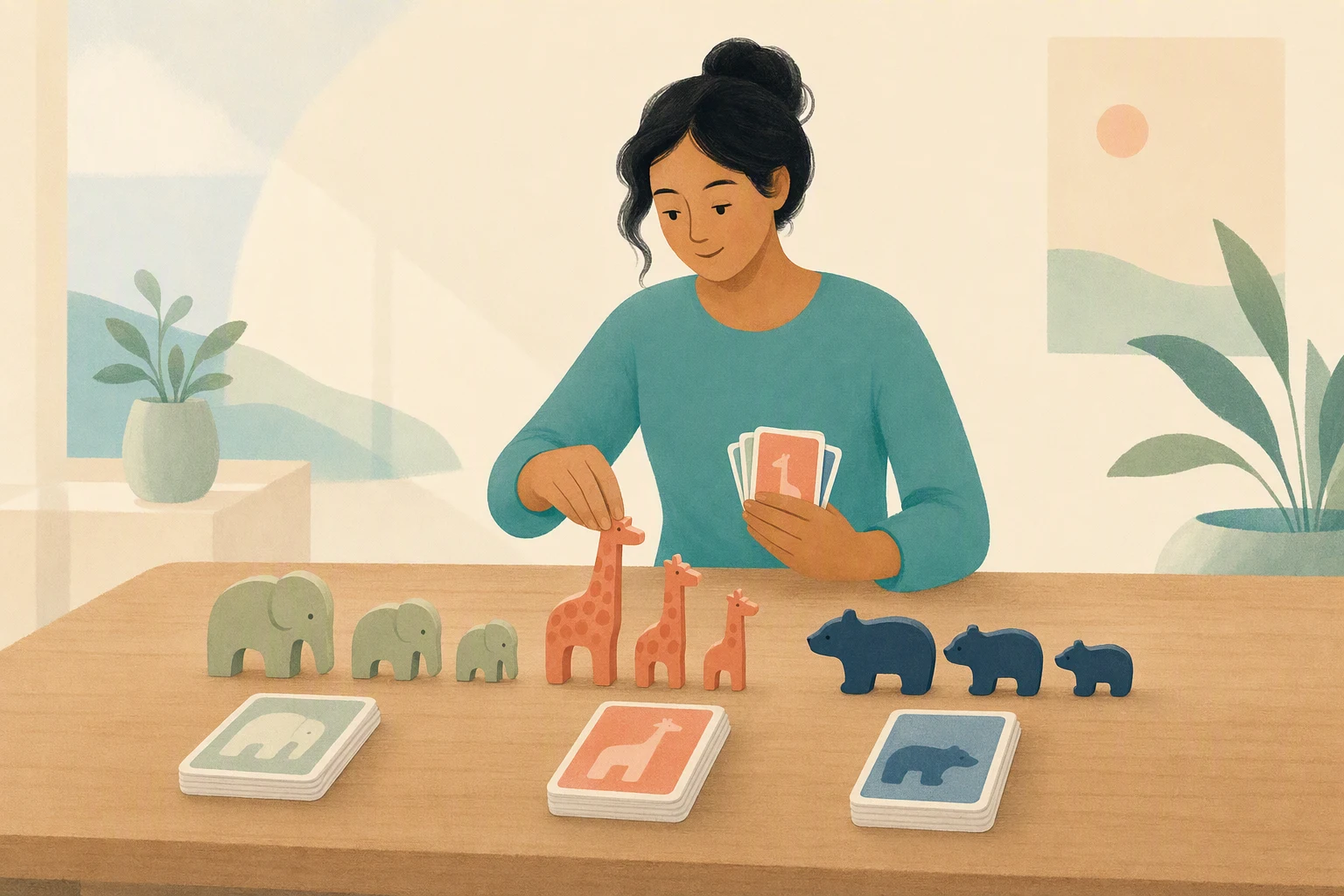 A person sorting small toy animals and cards into groups on a desk.