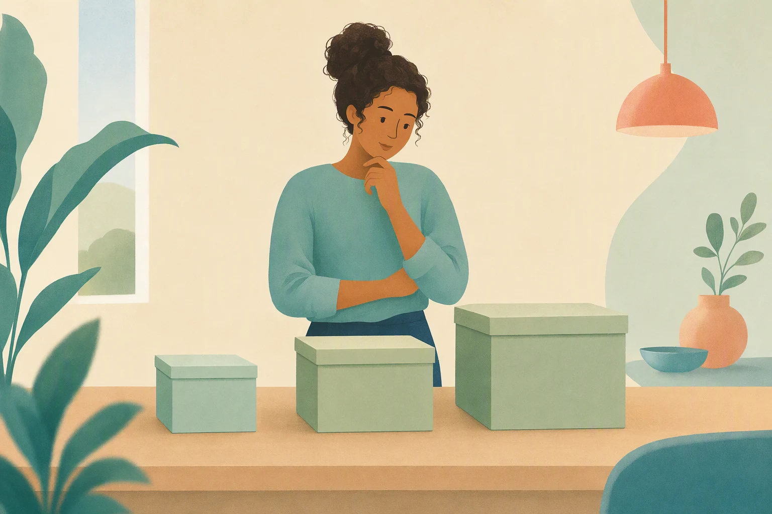 A person comparing three storage boxes arranged from small to large on a desk.