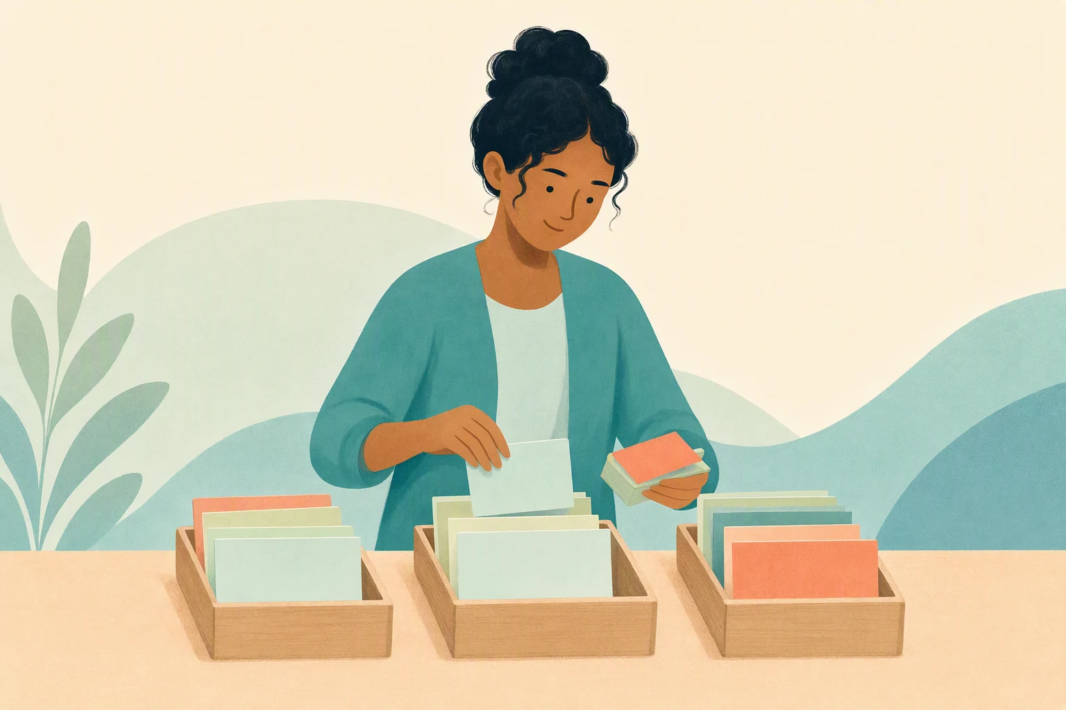 A person sorts plain note cards into wooden trays on a desk.