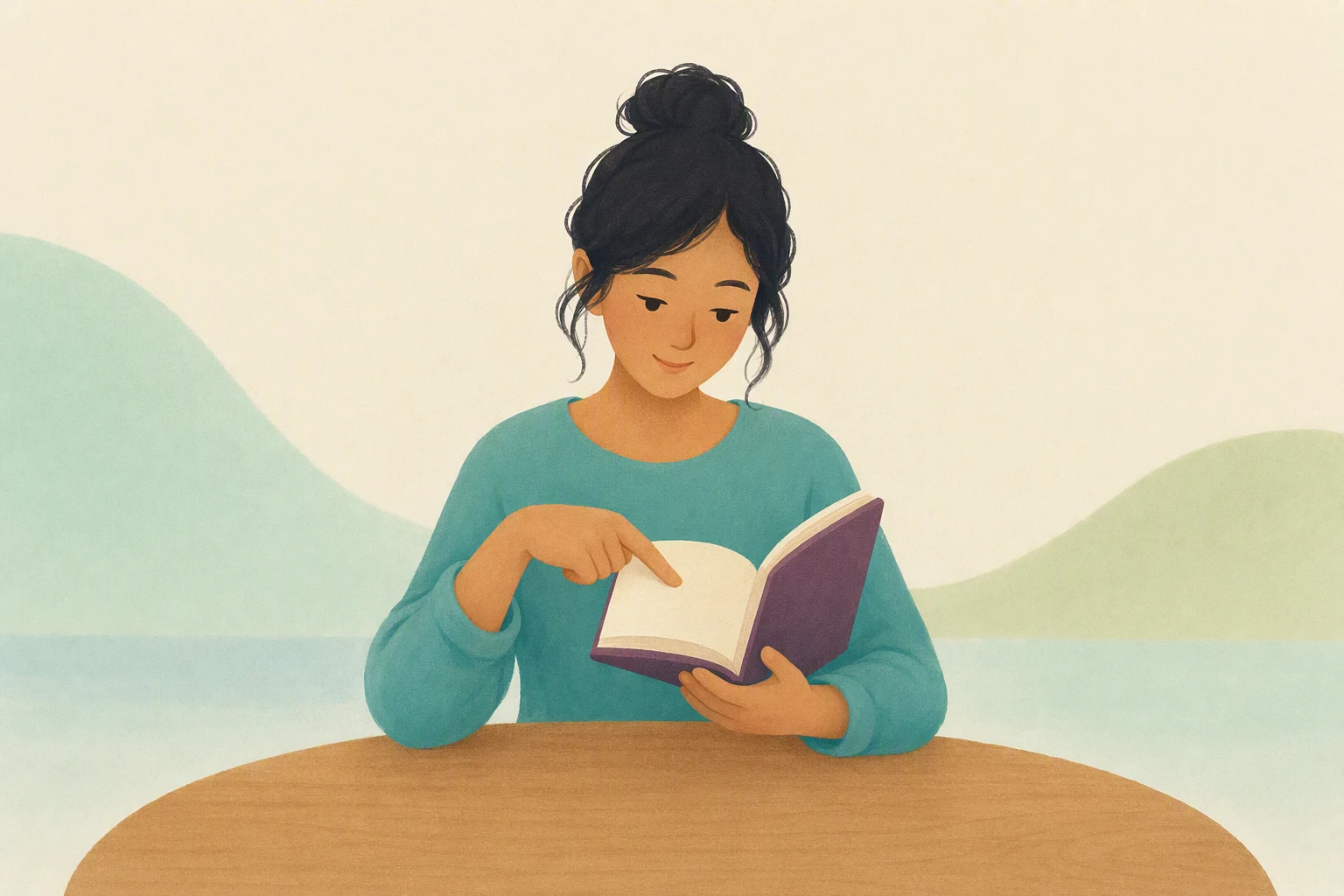 A learner sits at a table and points to a page in a study book.