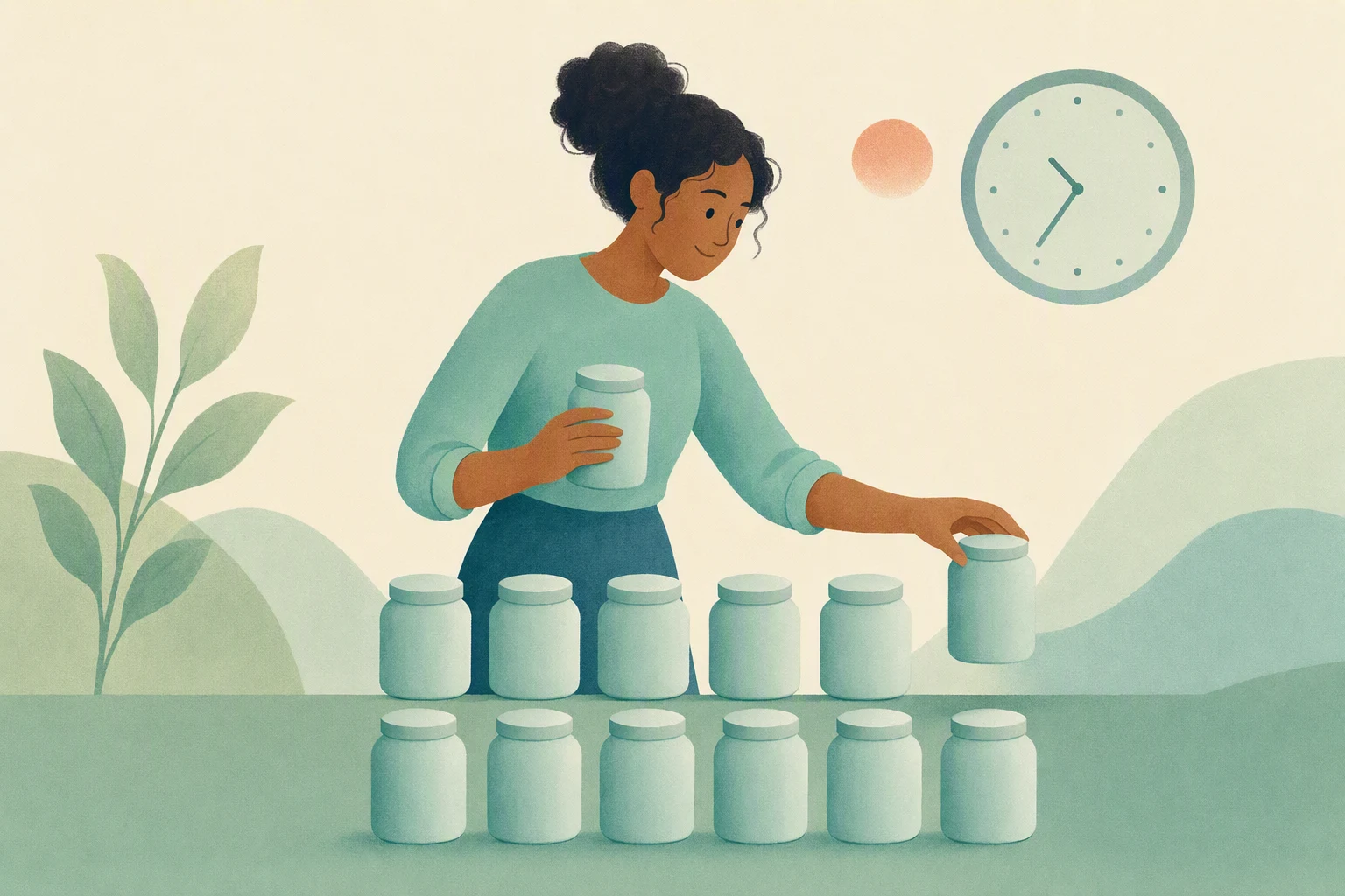 Person arranging jars beside a clock, with one jar still in hand.
